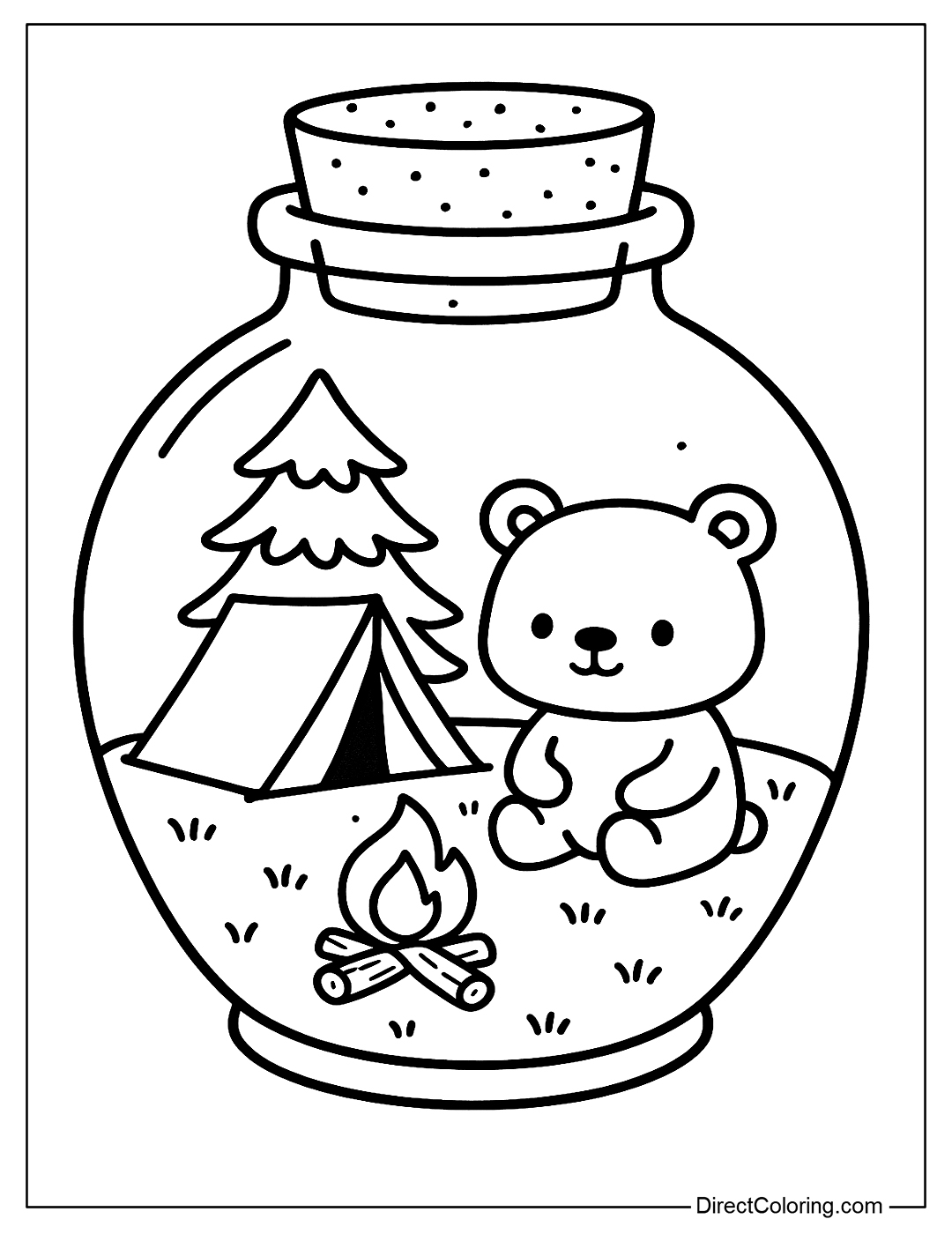 A little bear camping in a jar, complete with a tent, campfire, and pine tree
